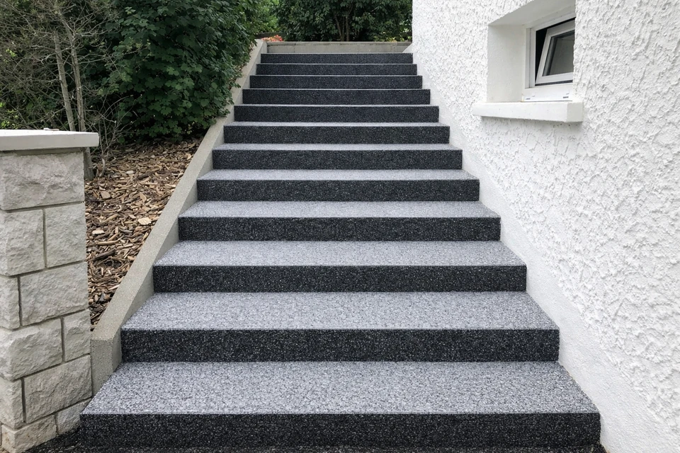 Deux ouvriers en combinaisons grises et casques orange travaillent à l'installation de carrelage dans un bâtiment moderne avec baies vitrées