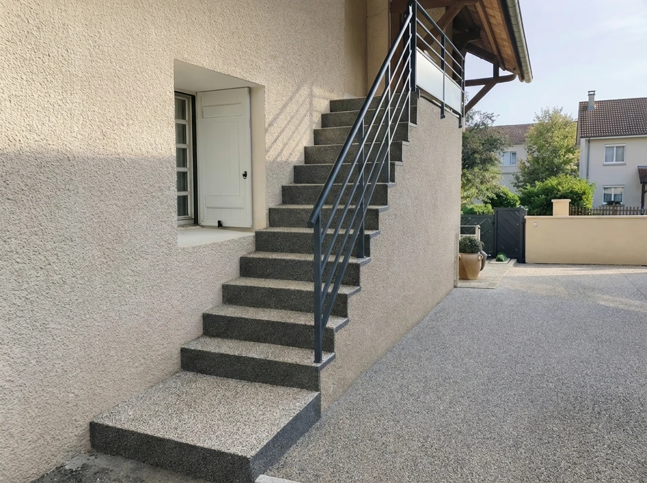 Terrasse extérieure en béton désactivé beige avec motif décoratif géométrique