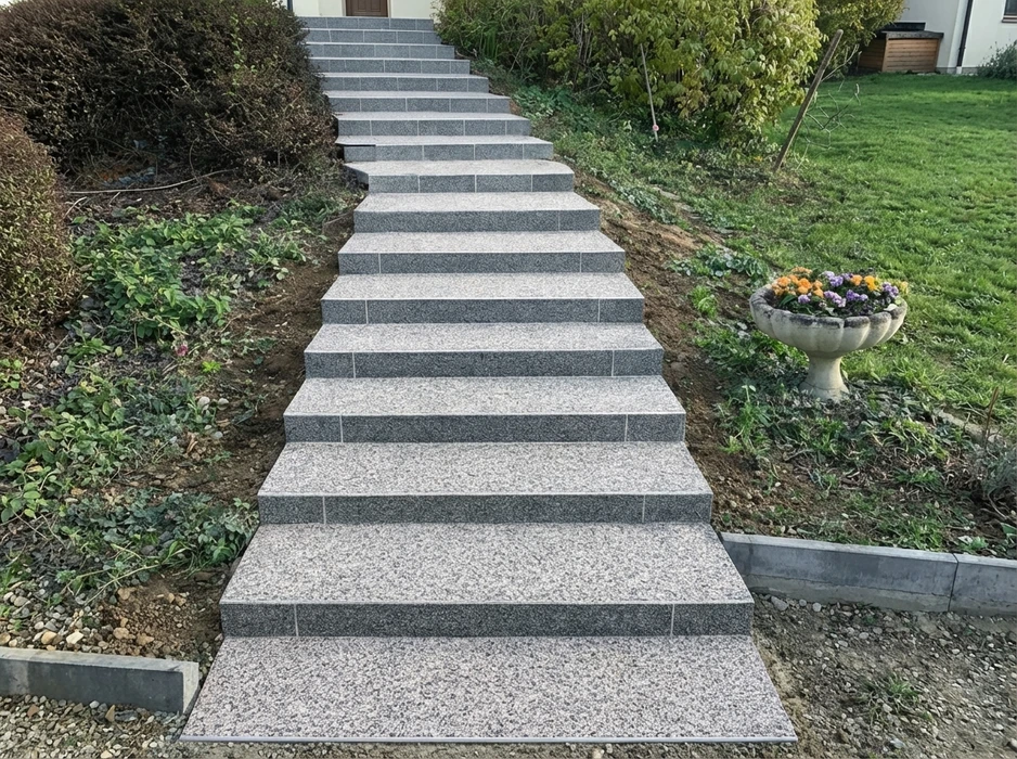 Terrasse extérieure en béton désactivé beige avec motif décoratif géométrique