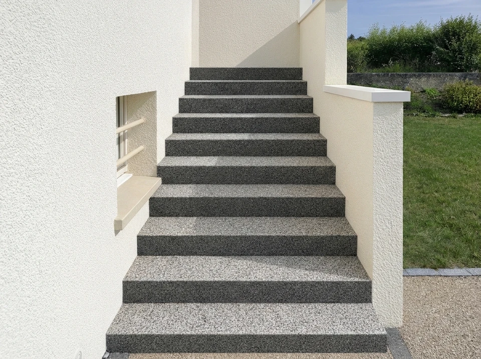 Personne gravissant un escalier en marbre blanc, vue en contre-plongée sur les jambes et chaussures