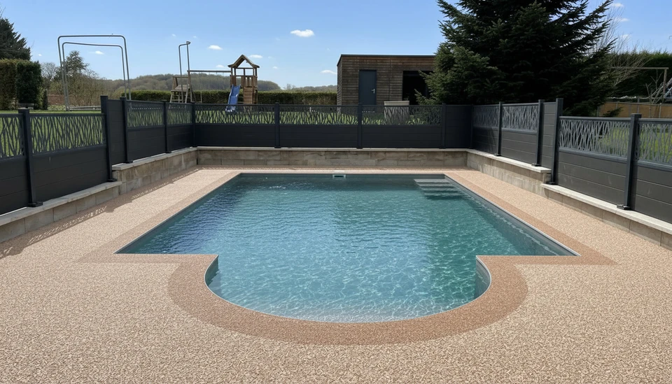 Piscine résidentielle avec eau turquoise claire, bordée de margelles en pierre naturelle et mur en briques