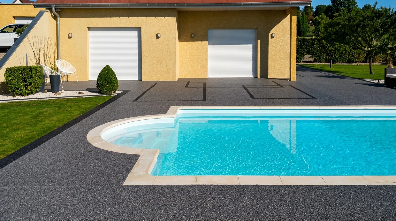 Extérieur résidentiel avec piscine enterrée aux formes courbes, entourée de margelles en pierre claire